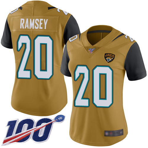 Nike Jacksonville Jaguars #20 Jalen Ramsey Gold Women Stitched NFL Limited Rush 100th Season Jersey->women nfl jersey->Women Jersey